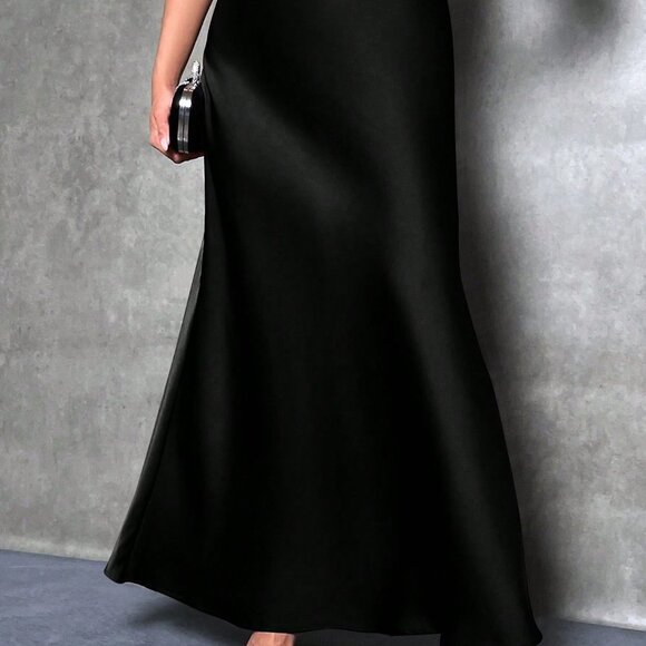 Black Casual Womens Solid Maxi Satin Skirt - Picture 4 of 5